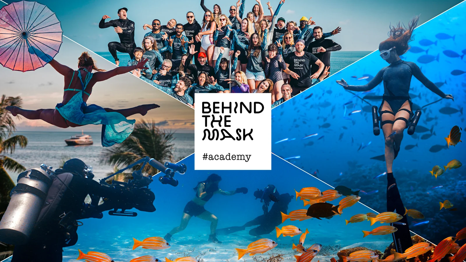 Behind the Mask Academy collage of divers, ocean life, and community